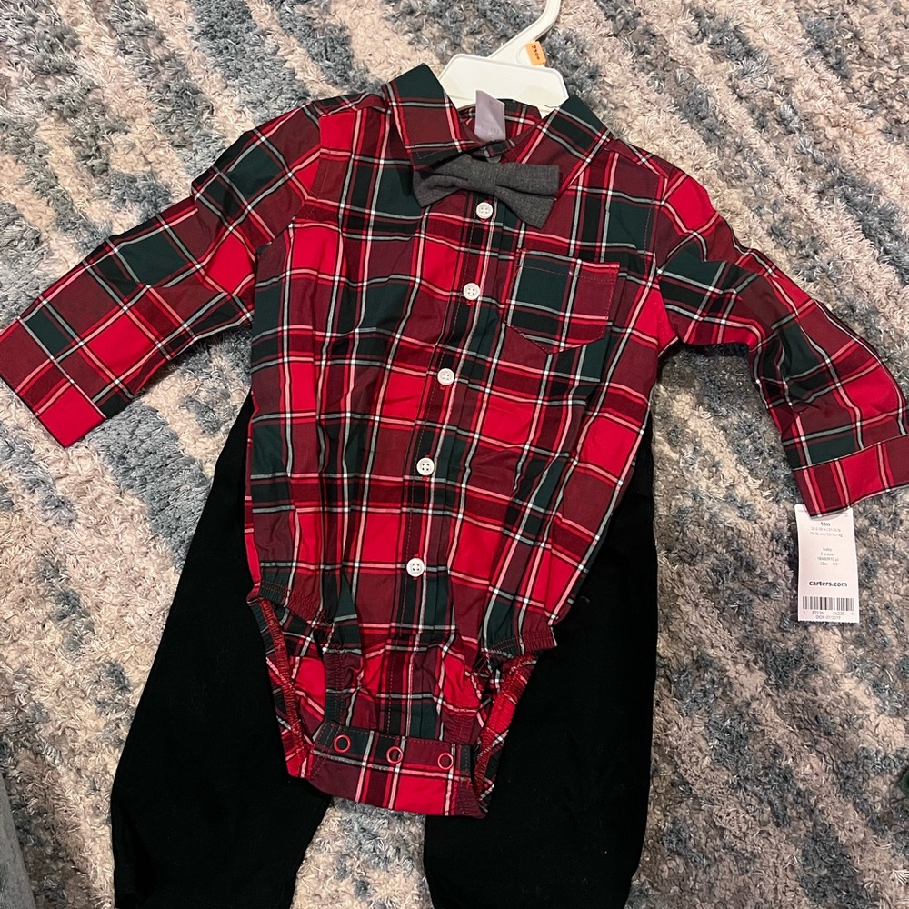 Christmas outfit,holiday Plaid long sleeve with Bow Tie&black slacks boys 12 Mos